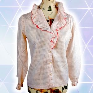 Vintage Rhoda Lee red & white polka dot ruffle neck '70s polyester blouse, 10 s